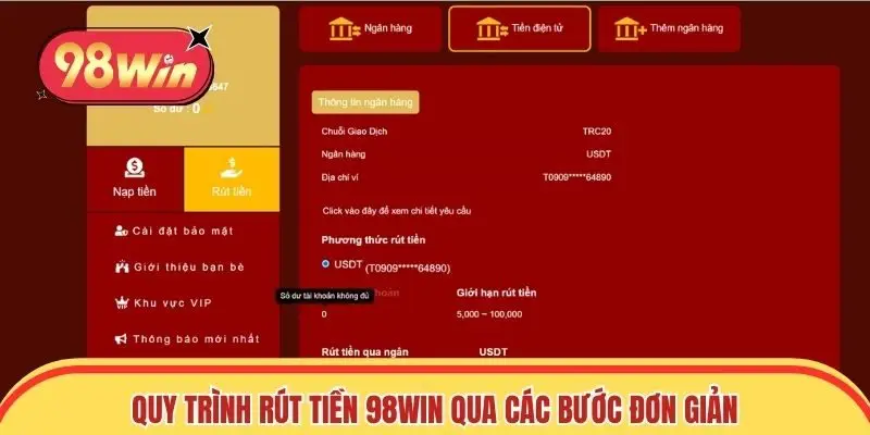 Quy trình rút tiền 98win qua các bước đơn giản